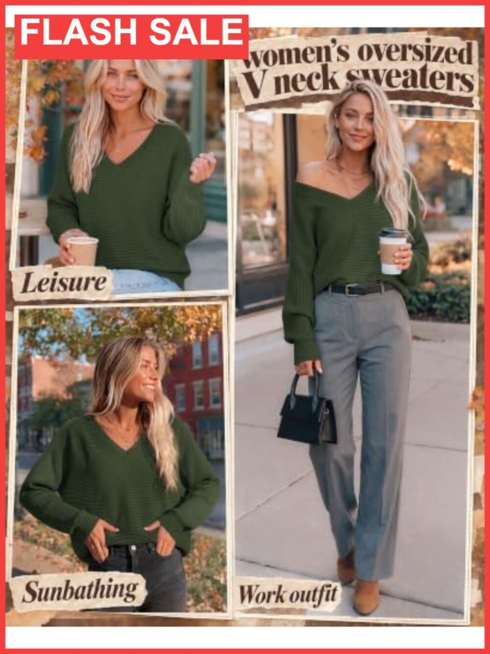 Off Shoulder Oversized Sweater Batwing Sleeve V-Neck Pullover - Picture 3 of 6